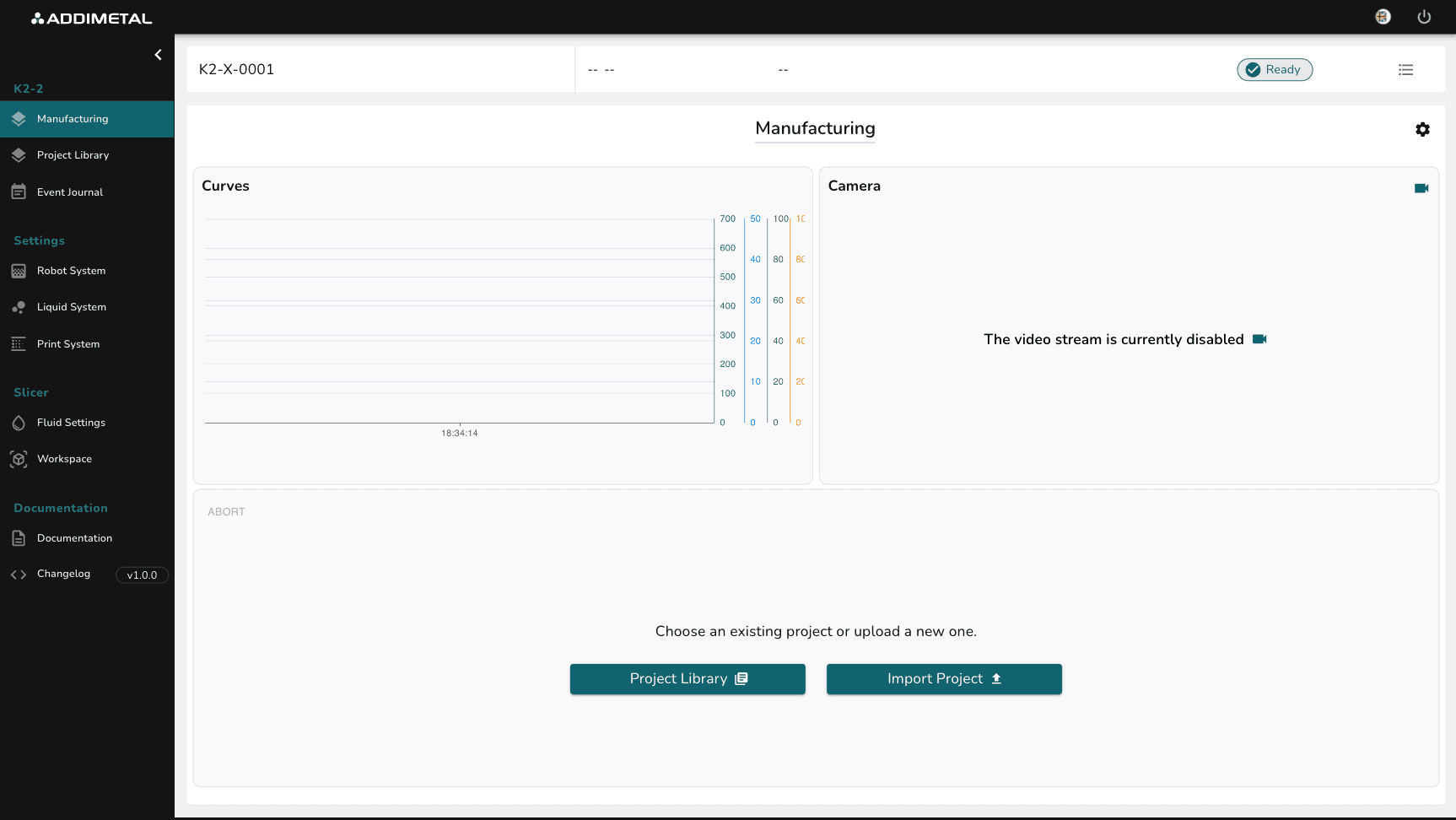 Manufacturing interface of Addimetal's Orion software for operating the K2-2 metal 3D printer