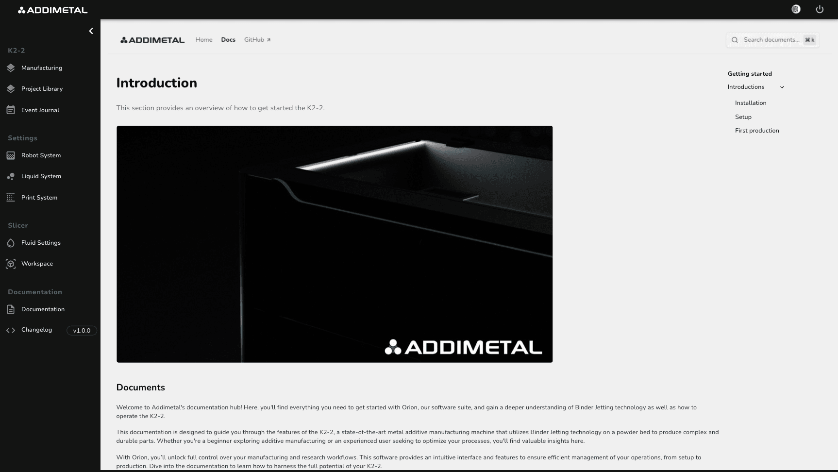 Technical documentation interface of Orion software developed by Addimetal for operating the K2-2 metal 3D printer