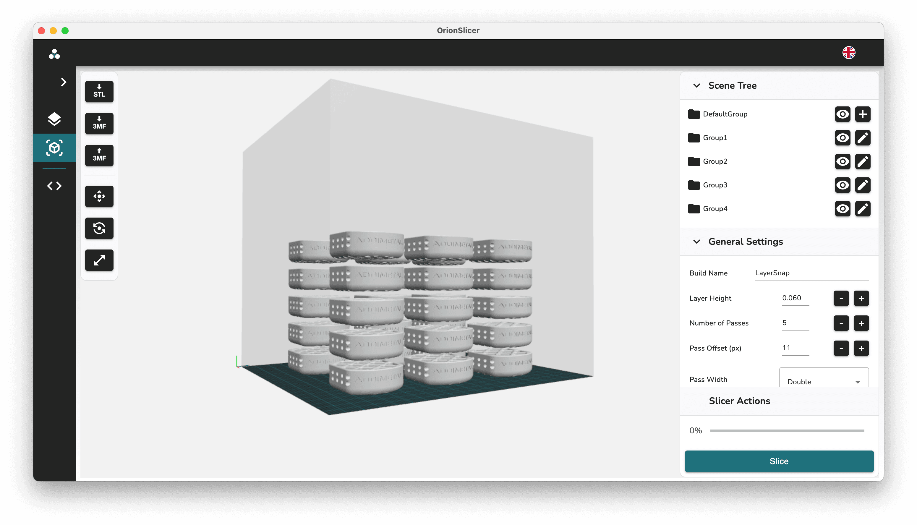 Interface of Addimetal's Orion Slicer software for preparing parts for metal 3D printing using Binder Jetting technology
