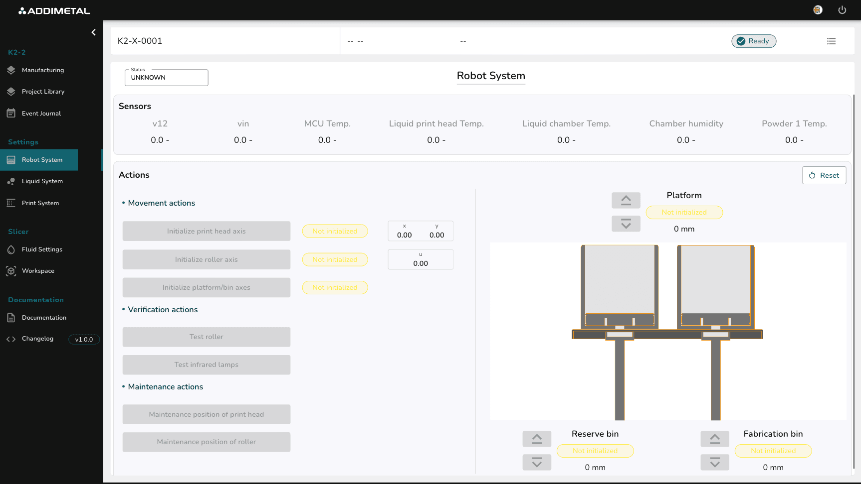 Robot System interface of Addimetal's Orion software for controlling movements and sensors of the K2-2 metal 3D printer