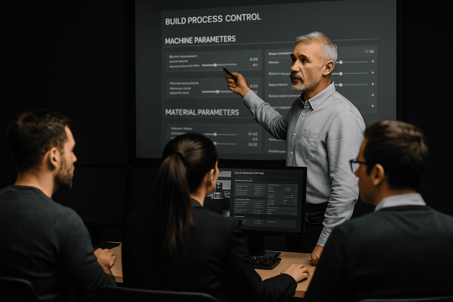 An experienced trainer explains additive manufacturing machine settings to a young engineer in a design office.