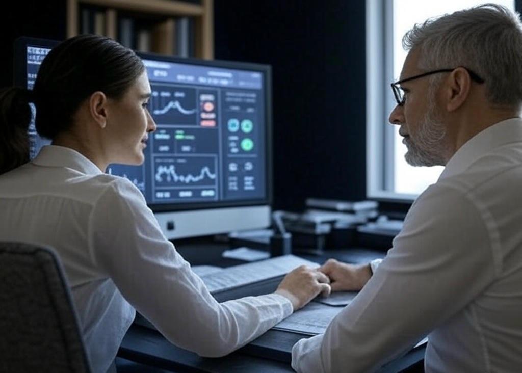 Two engineers in a design office working on a computer about powders for the Binder Jetting process.