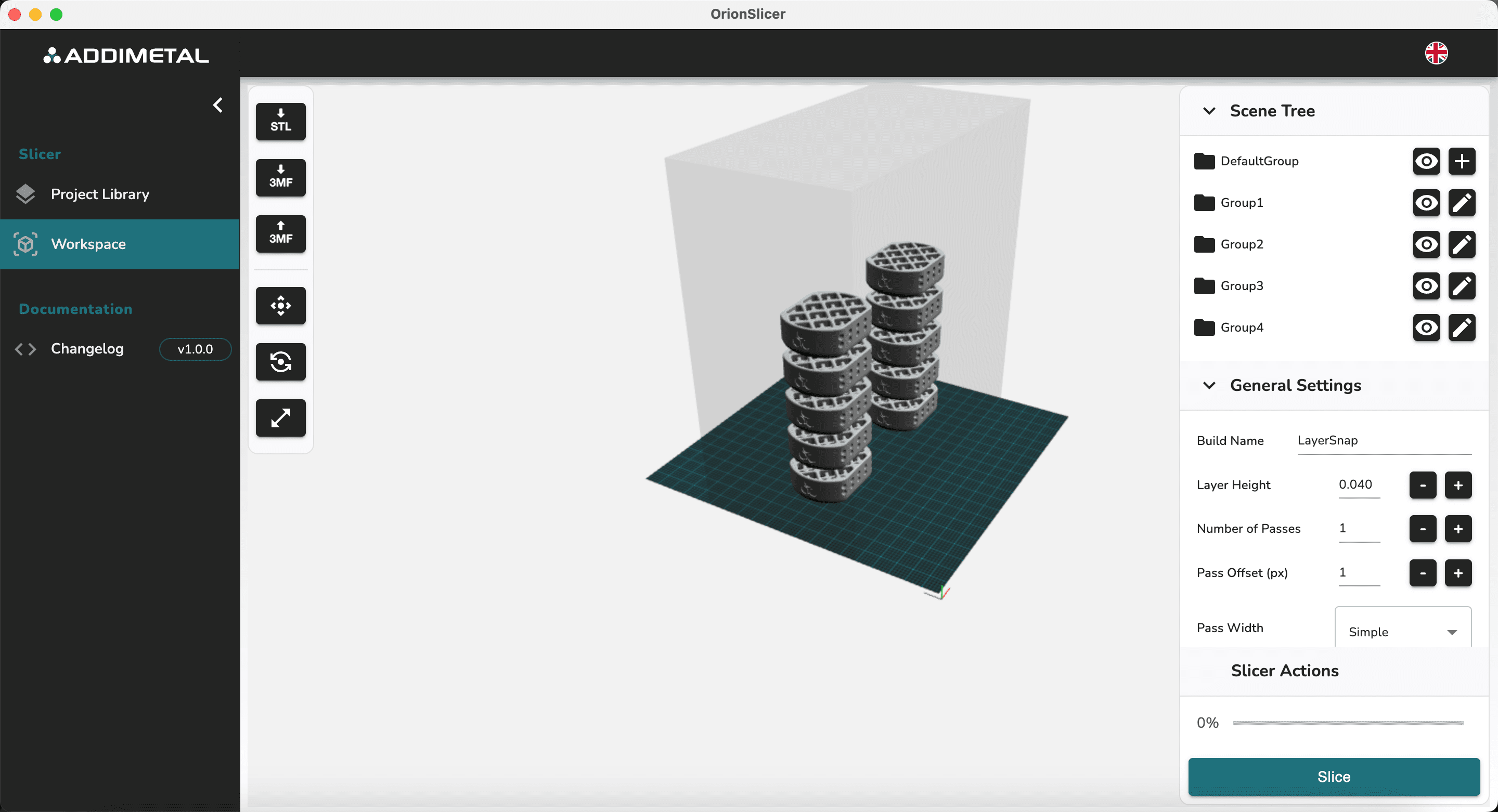 Interface of Addimetal's Orion Slicer software for preparing metal 3D printing jobs