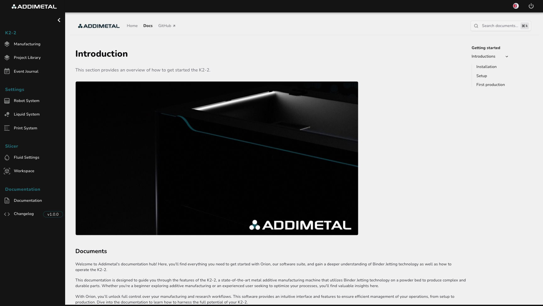 Technical documentation interface of Orion software developed by Addimetal for operating the K2-2 metal 3D printer