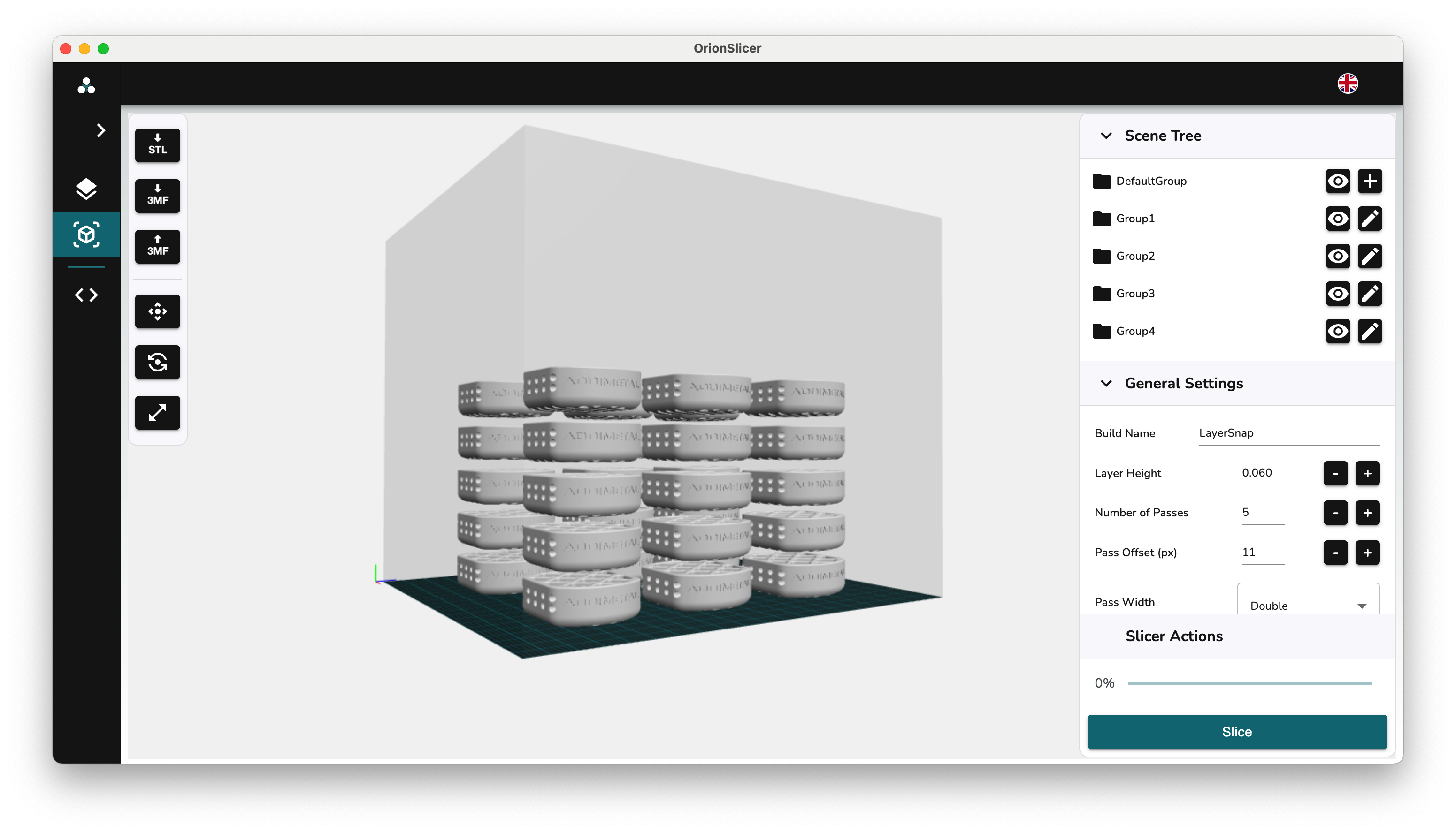 Interface of Addimetal's Orion Slicer software for preparing parts for metal 3D printing using Binder Jetting technology